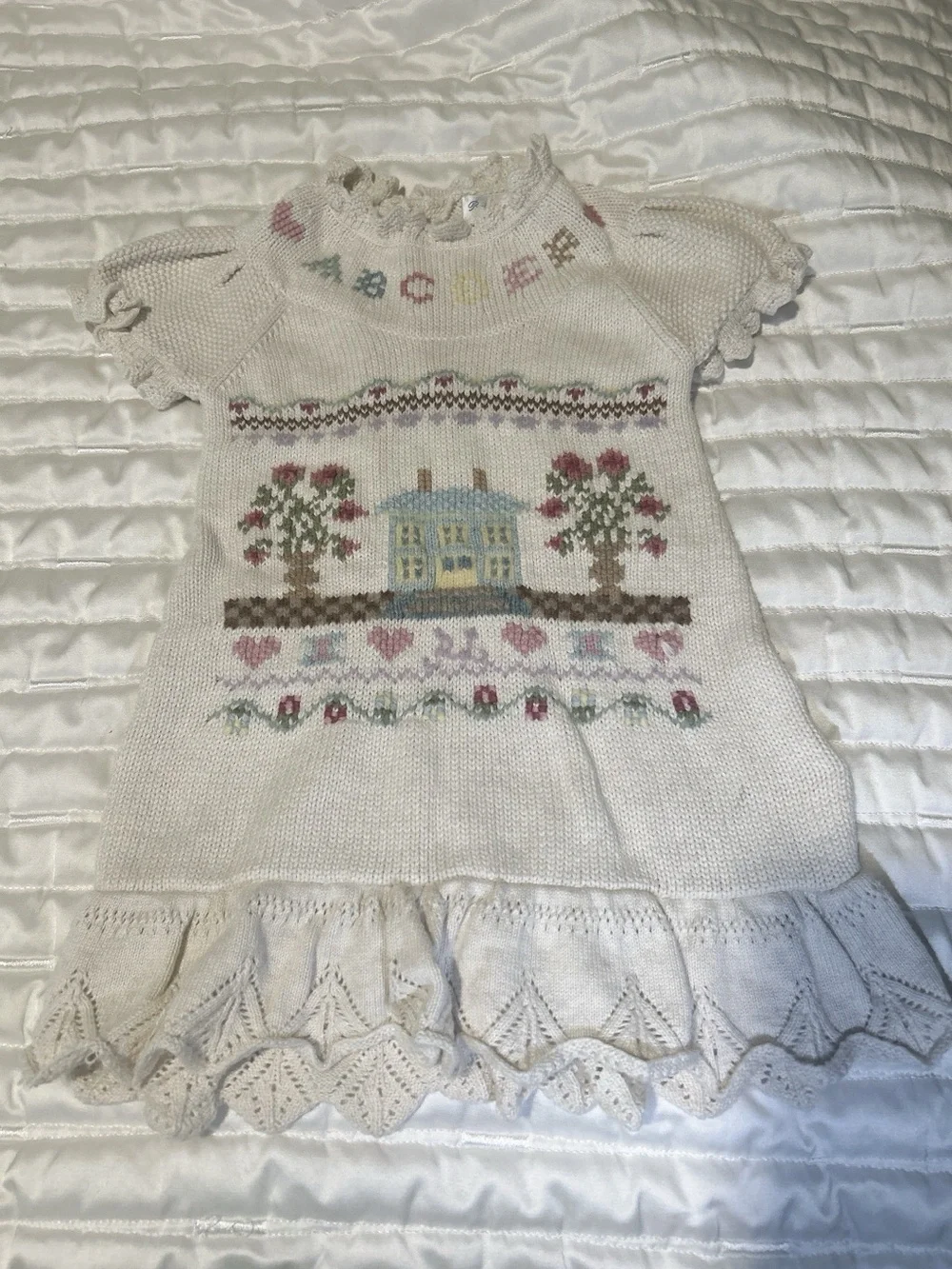 Ralph Lauren Cream Knit Baby Dress with Pastel Embroidery